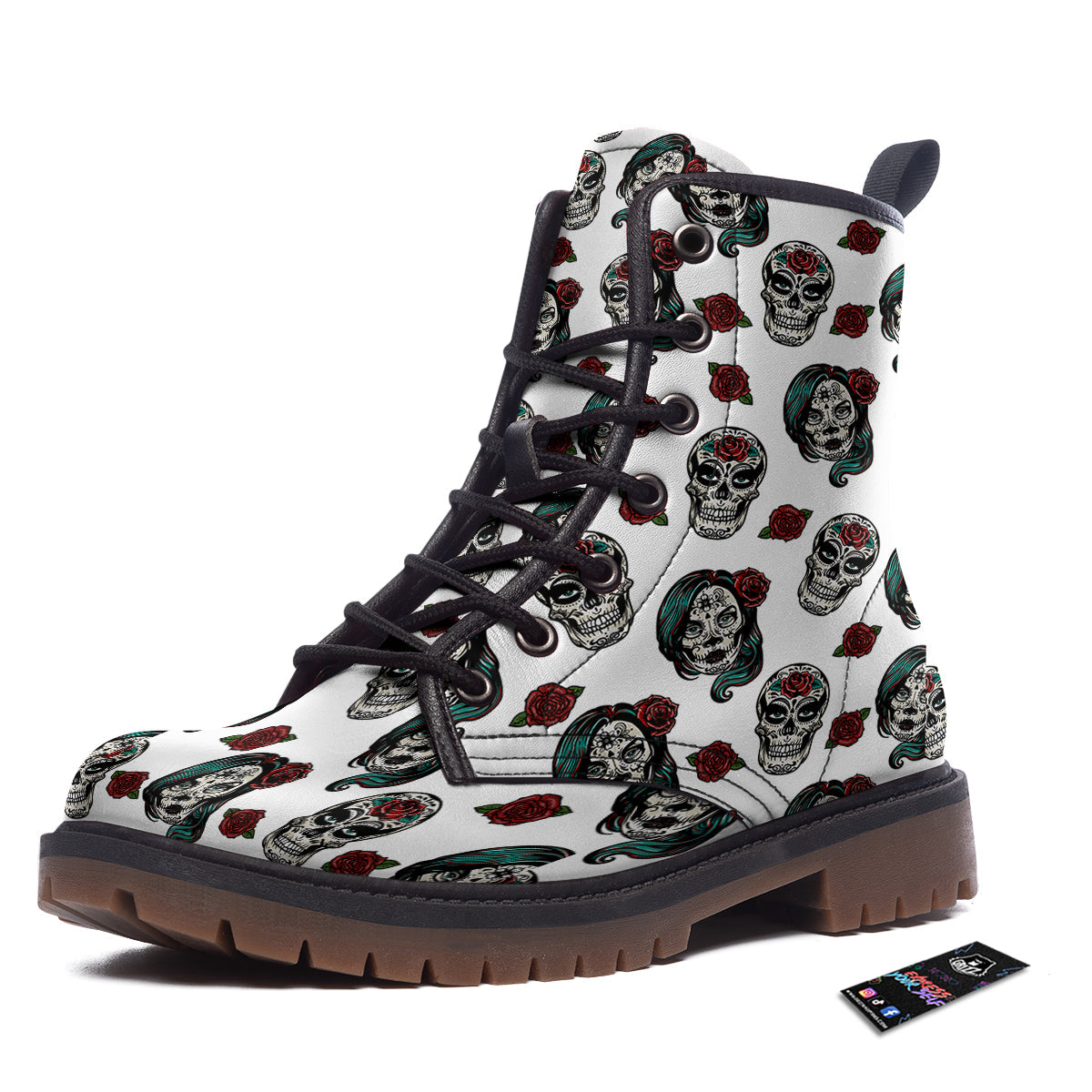 Sugar Skull White Floral Print Pattern Work Boots-grizzshop