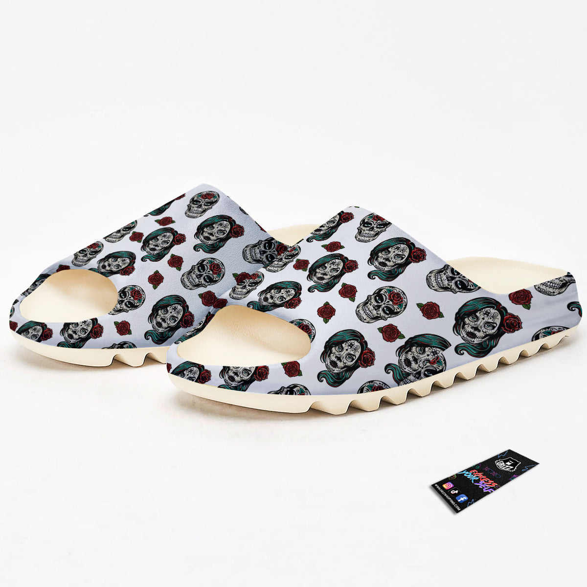 Sugar Skull White Floral Print Pattern Sandals-grizzshop