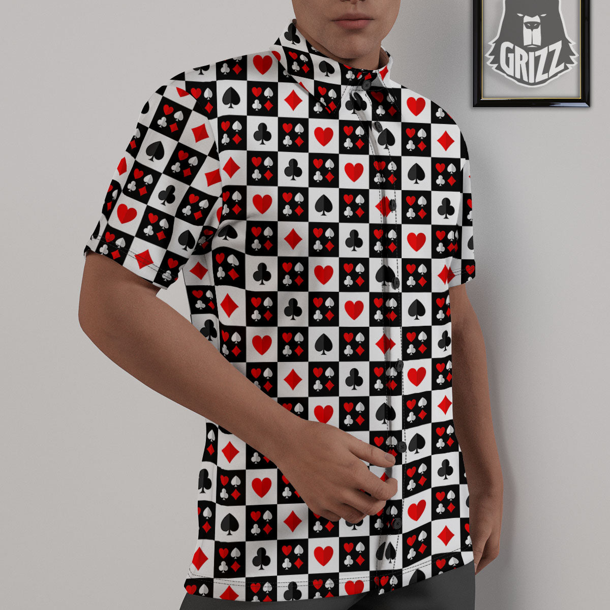 Suits Check Playing Card Print Pattern Untucked Shirts-grizzshop