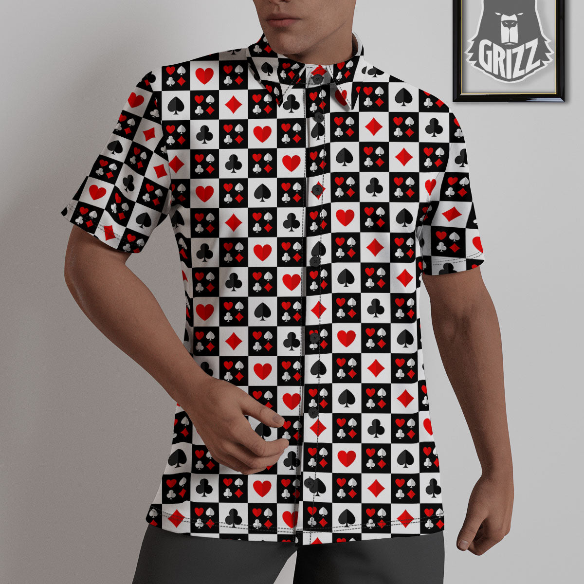 Suits Check Playing Card Print Pattern Untucked Shirts-grizzshop