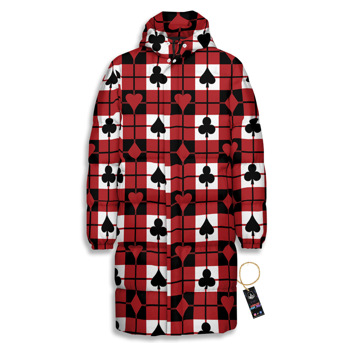 Suits Plaid Playing Card Print Pattern Long Down Jacket-grizzshop