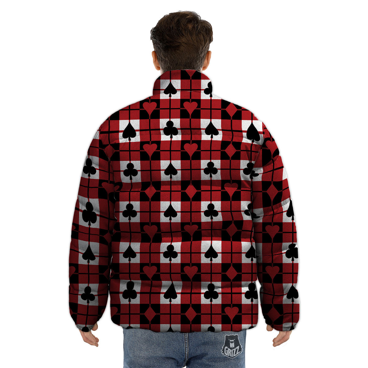 Suits Plaid Playing Card Print Pattern Puffer Jacket-grizzshop