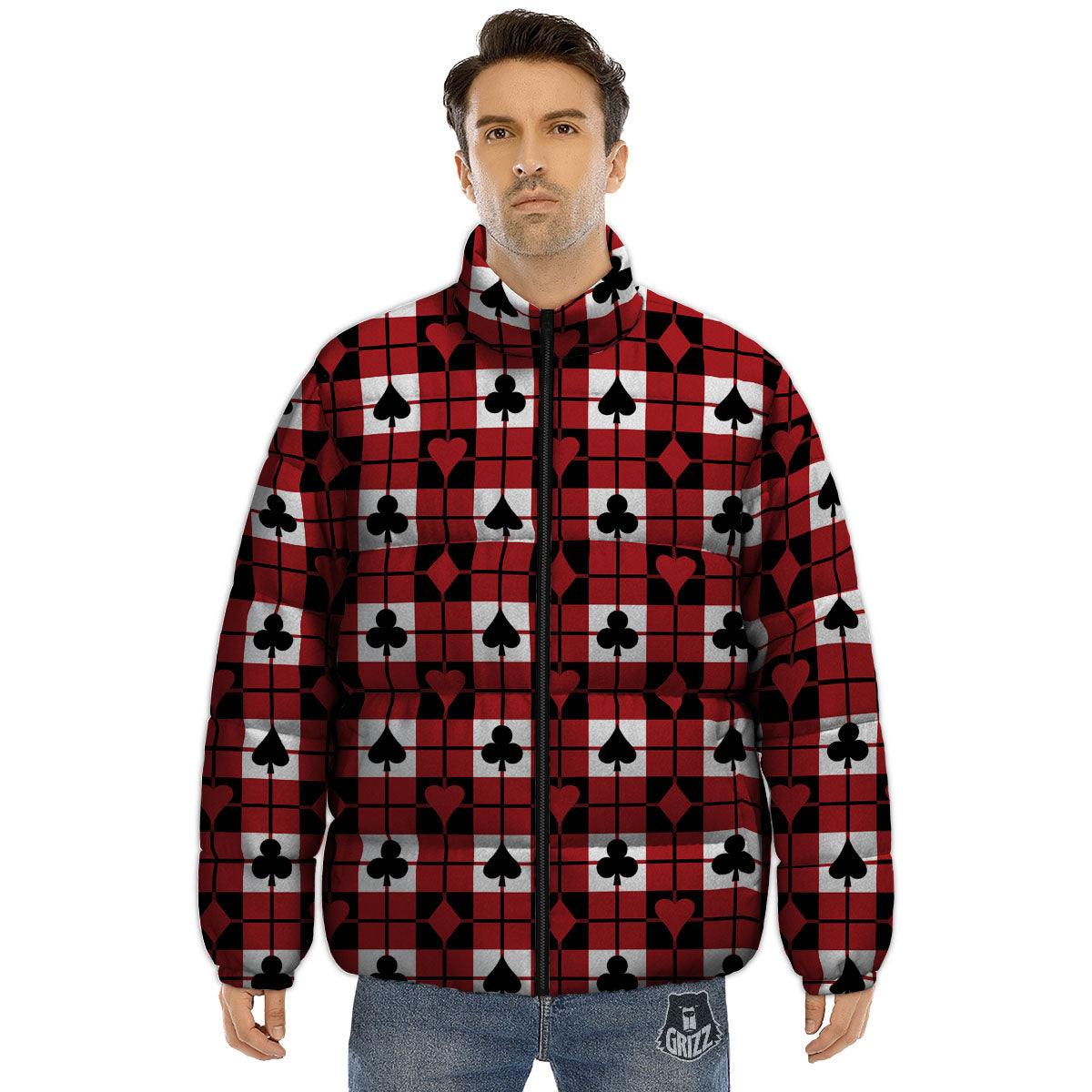 Suits Plaid Playing Card Print Pattern Puffer Jacket-grizzshop