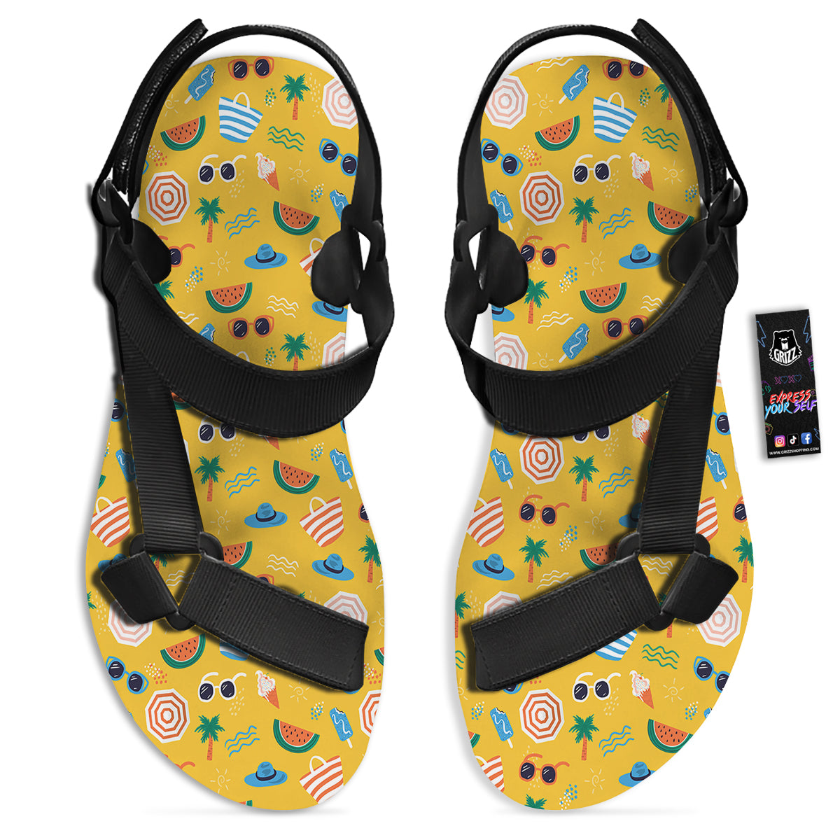 Summer Beach Drawing Print Pattern Black Open Toe Sandals-grizzshop