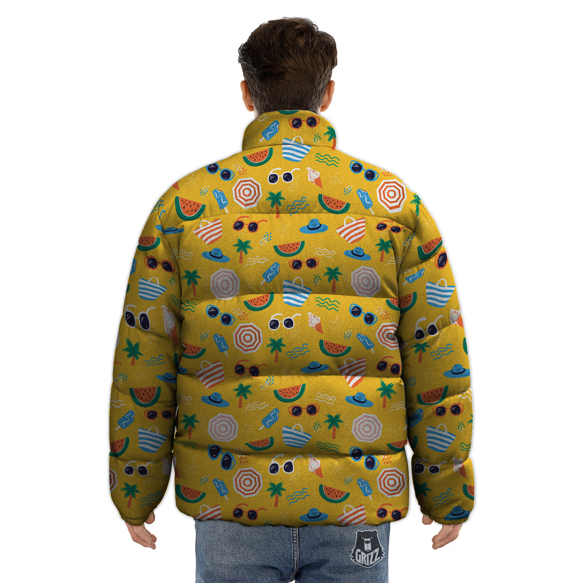 Summer Beach Drawing Print Pattern Puffer Jacket-grizzshop