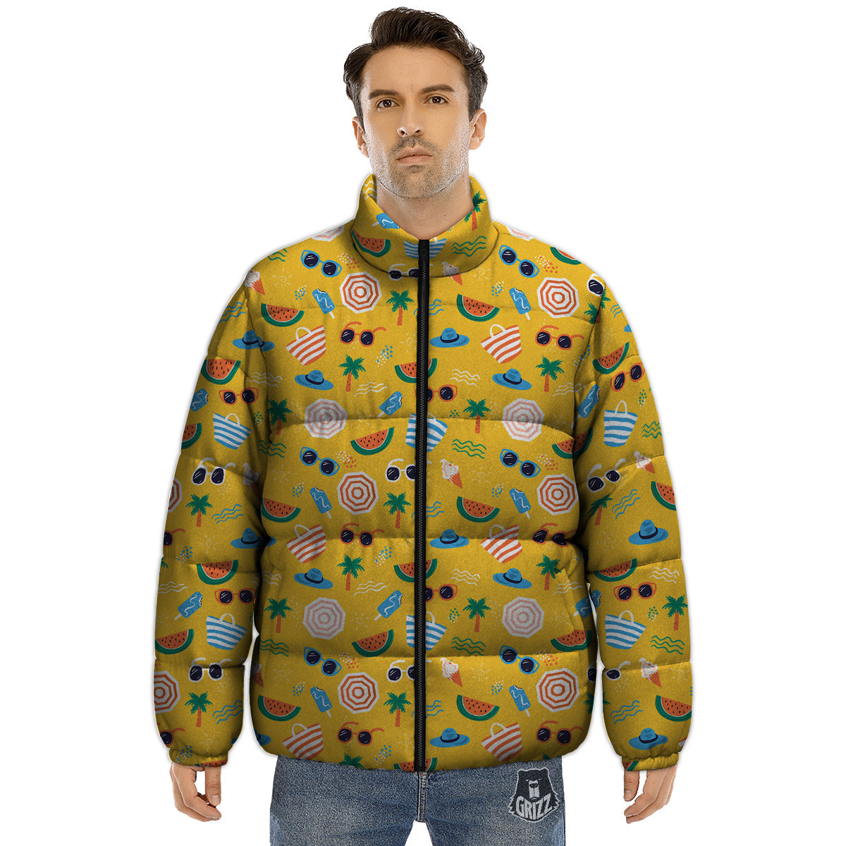 Summer Beach Drawing Print Pattern Puffer Jacket-grizzshop