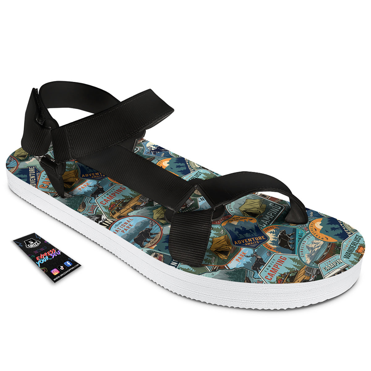 Summer Camping And National Park Print Pattern Black Open Toe Sandals-grizzshop
