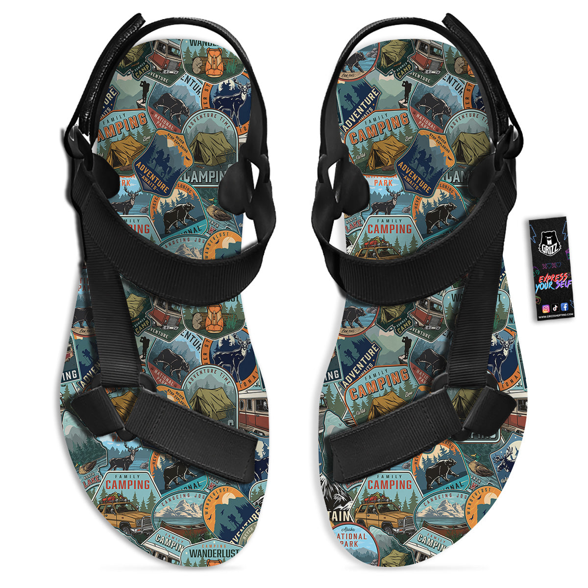 Summer Camping And National Park Print Pattern Black Open Toe Sandals-grizzshop