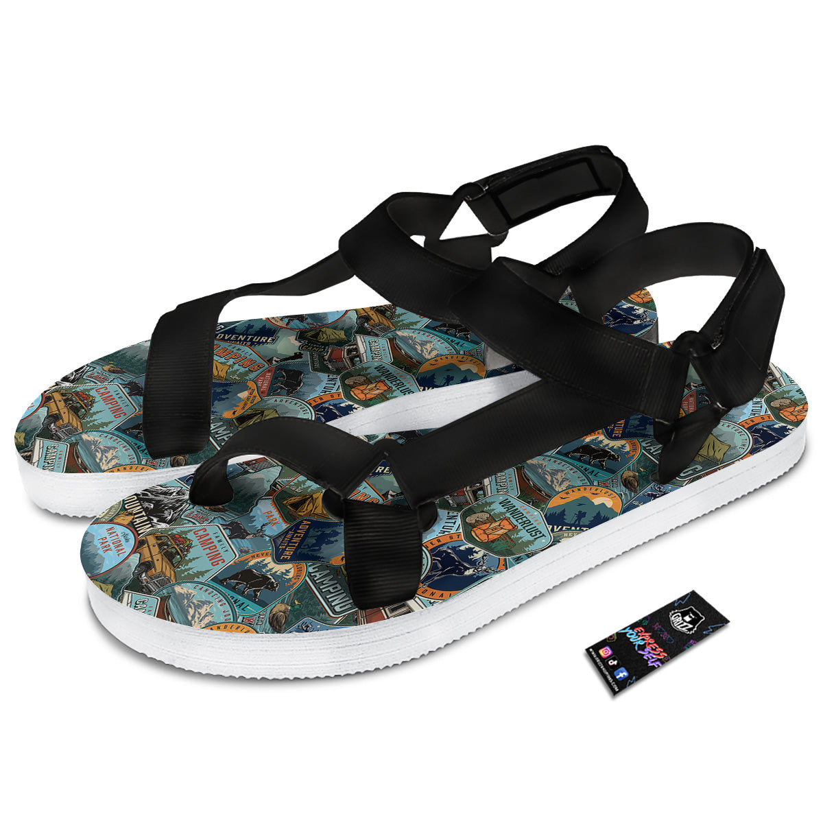 Summer Camping And National Park Print Pattern Black Open Toe Sandals-grizzshop