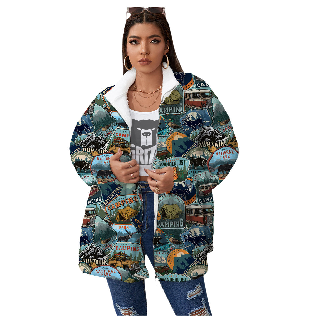 Summer Camping And National Park Print Pattern Women's Sherpa Jacket-grizzshop