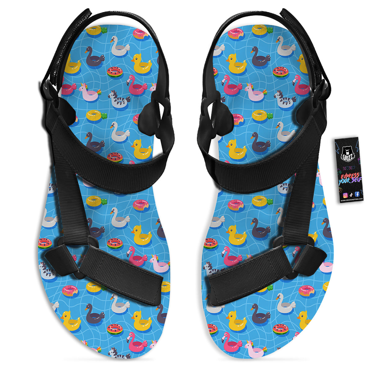 Summer Floats Ring Print Pattern Black Open Toe Sandals-grizzshop