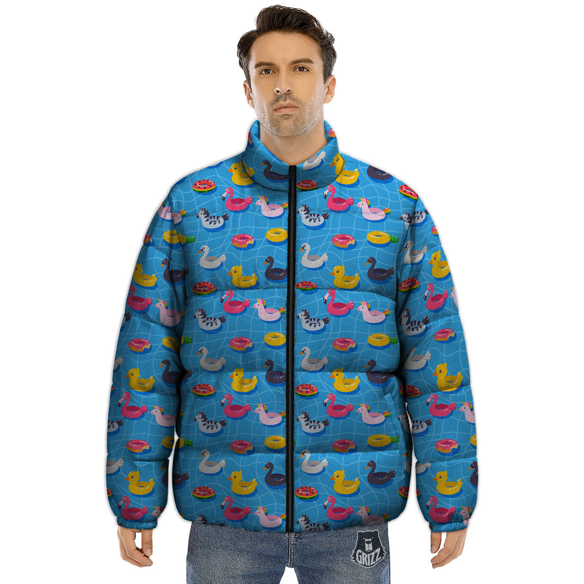 Summer Floats Ring Print Pattern Puffer Jacket-grizzshop
