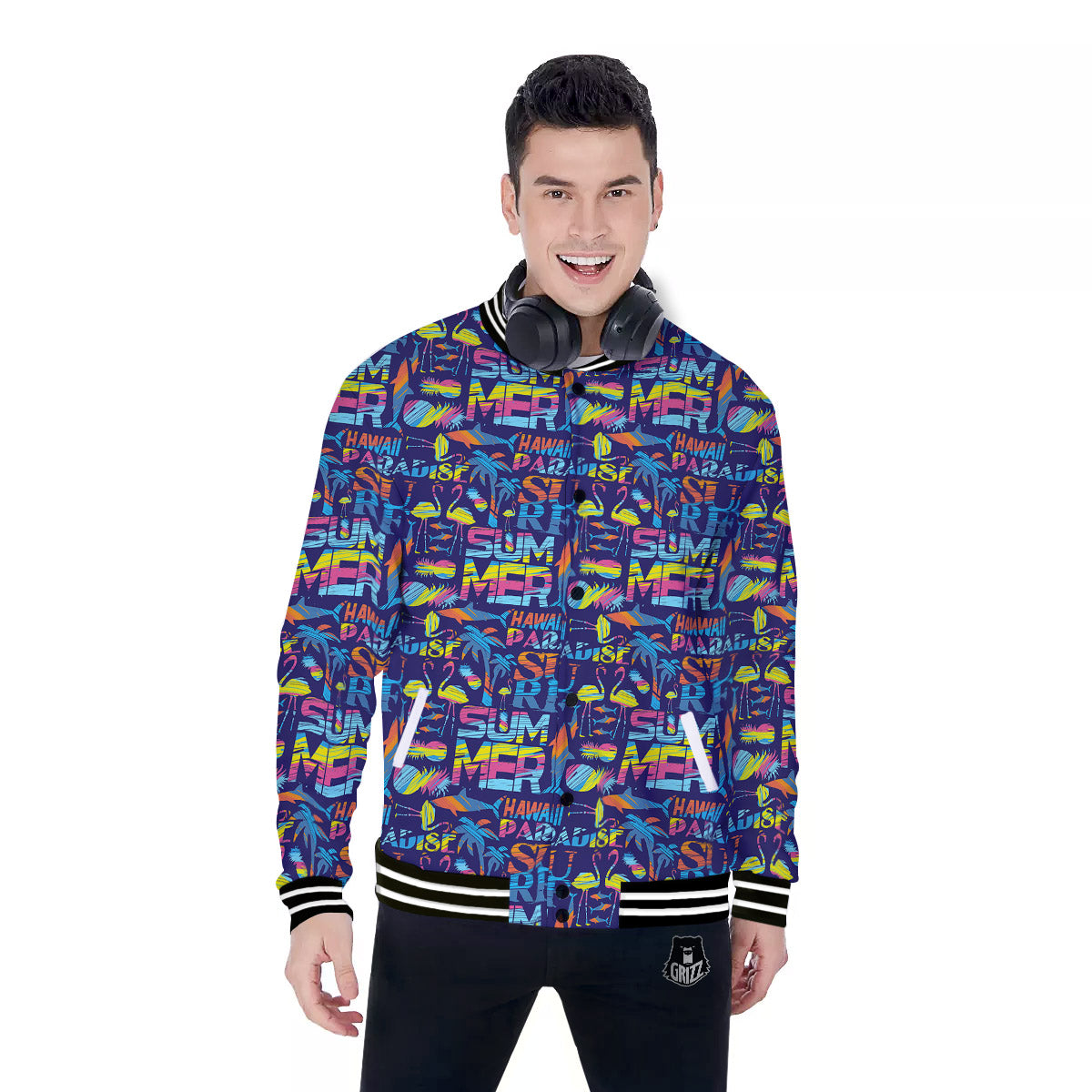Summer Surfing Colorful Print Pattern Baseball Jacket-grizzshop