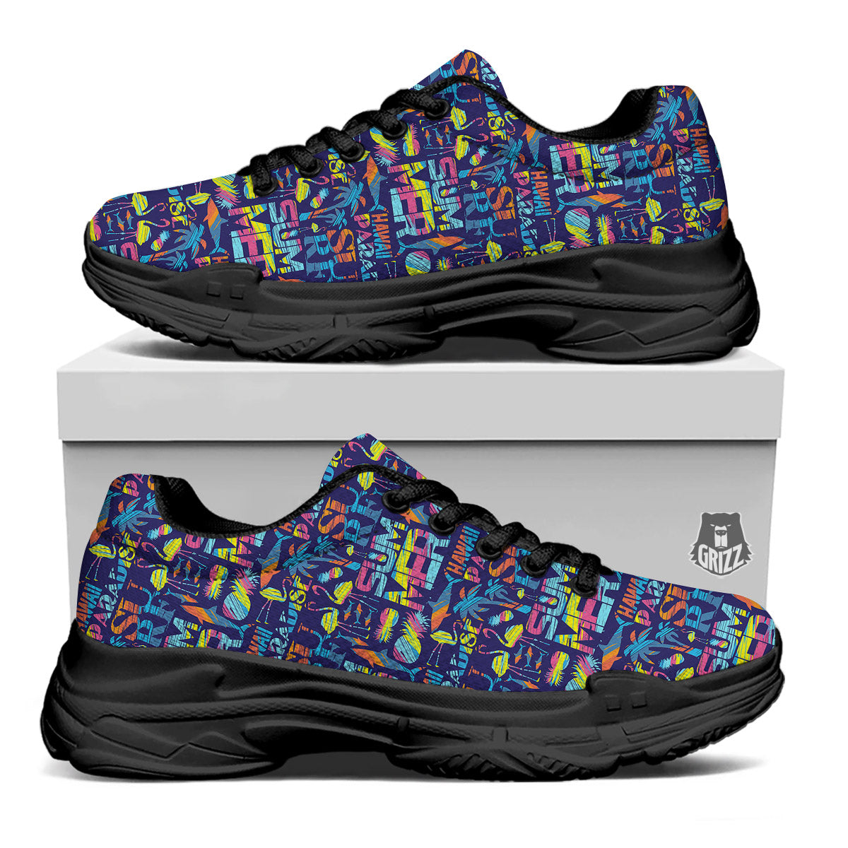 Summer Surfing Colorful Print Pattern Black Chunky Shoes-grizzshop