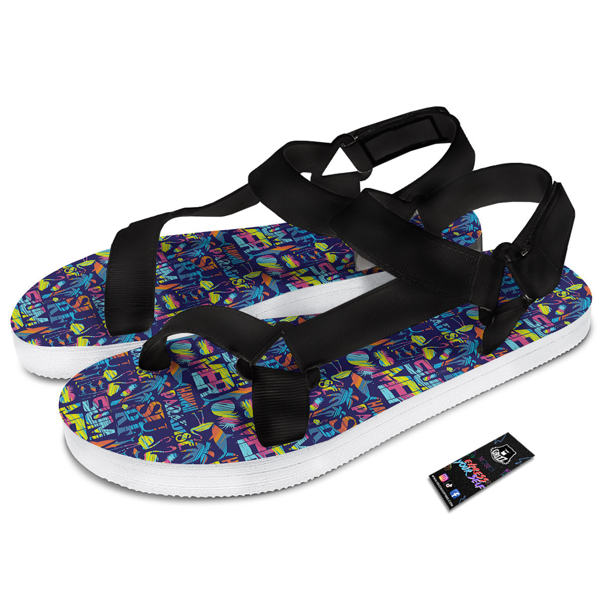 Summer Surfing Colorful Print Pattern Black Open Toe Sandals-grizzshop