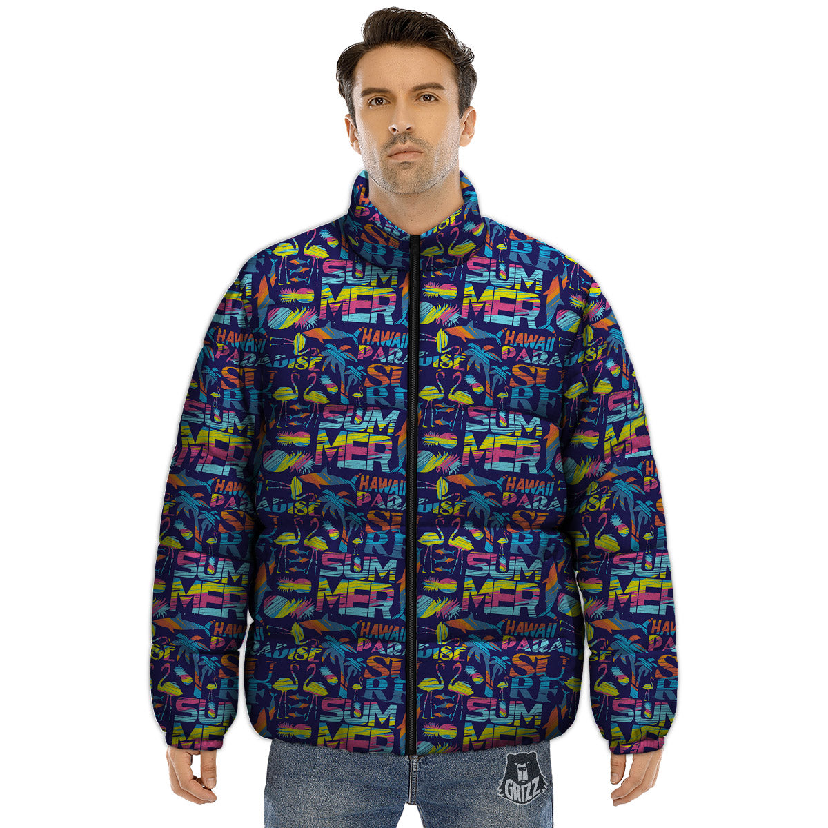 Summer Surfing Colorful Print Pattern Puffer Jacket-grizzshop