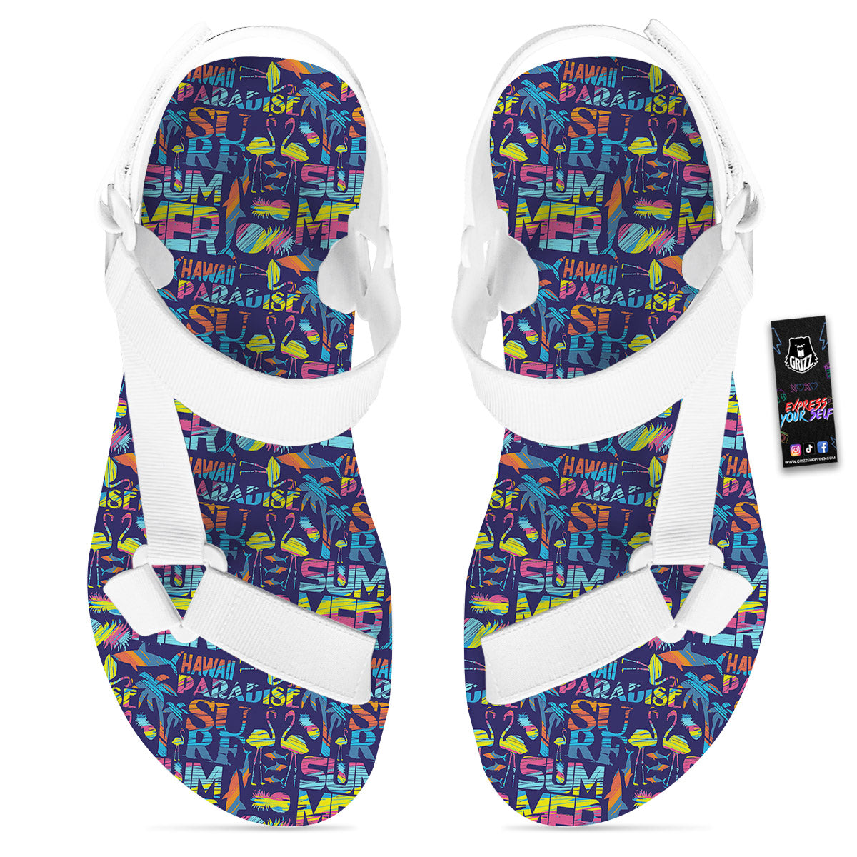 Summer Surfing Colorful Print Pattern White Open Toe Sandals-grizzshop