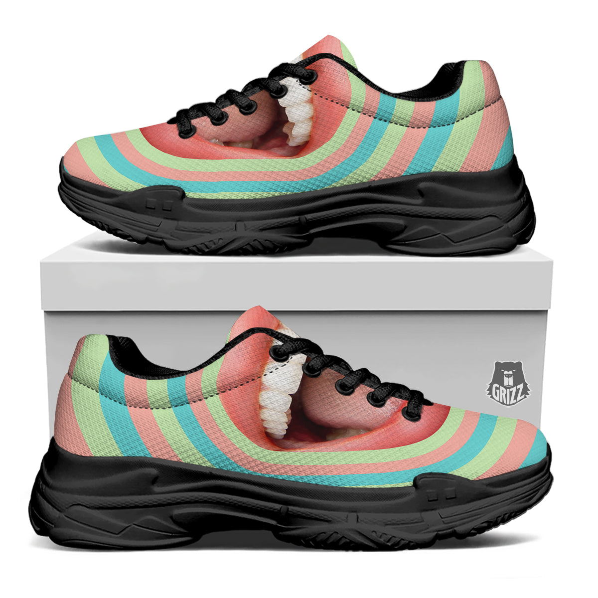 Summer Time Mood Mouth Print Black Chunky Shoes-grizzshop
