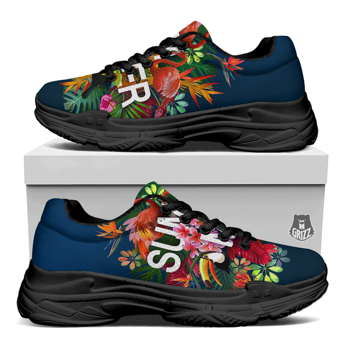 Summer Tropical Birds And Flowers For Travel Print Black Chunky Shoes-grizzshop