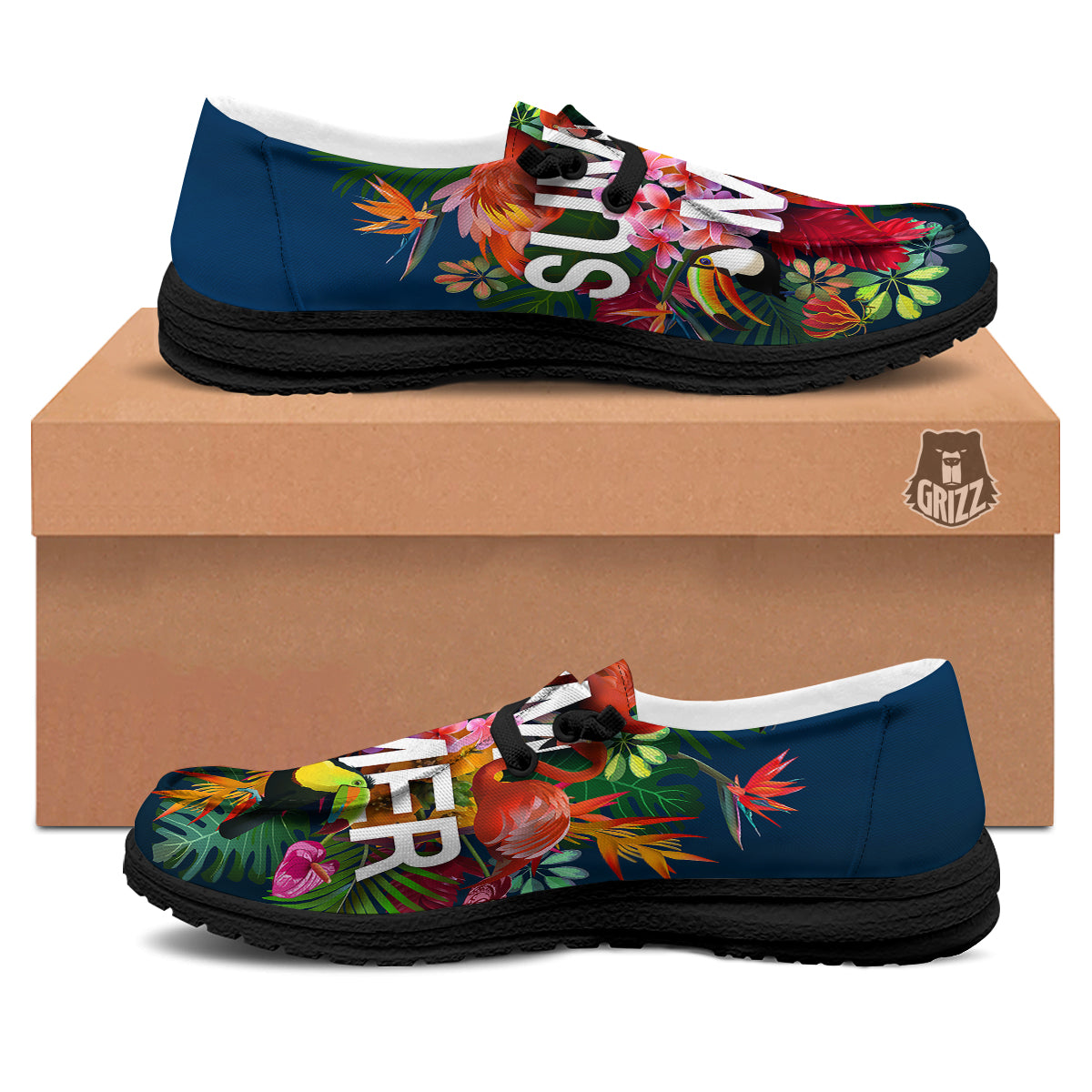 Summer Tropical Birds And Flowers For Travel Print Black Loafers-grizzshop