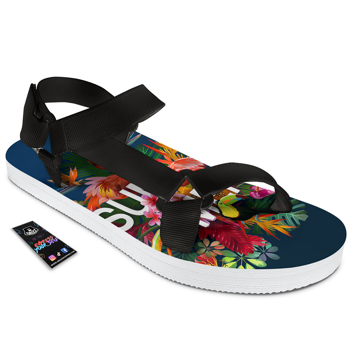 Summer Tropical Birds And Flowers For Travel Print Black Open Toe Sandals-grizzshop