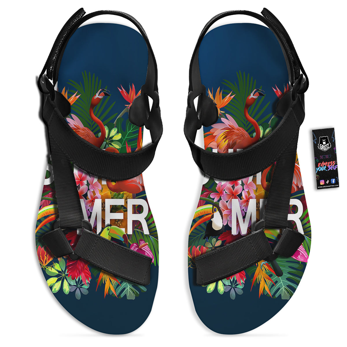 Summer Tropical Birds And Flowers For Travel Print Black Open Toe Sandals-grizzshop