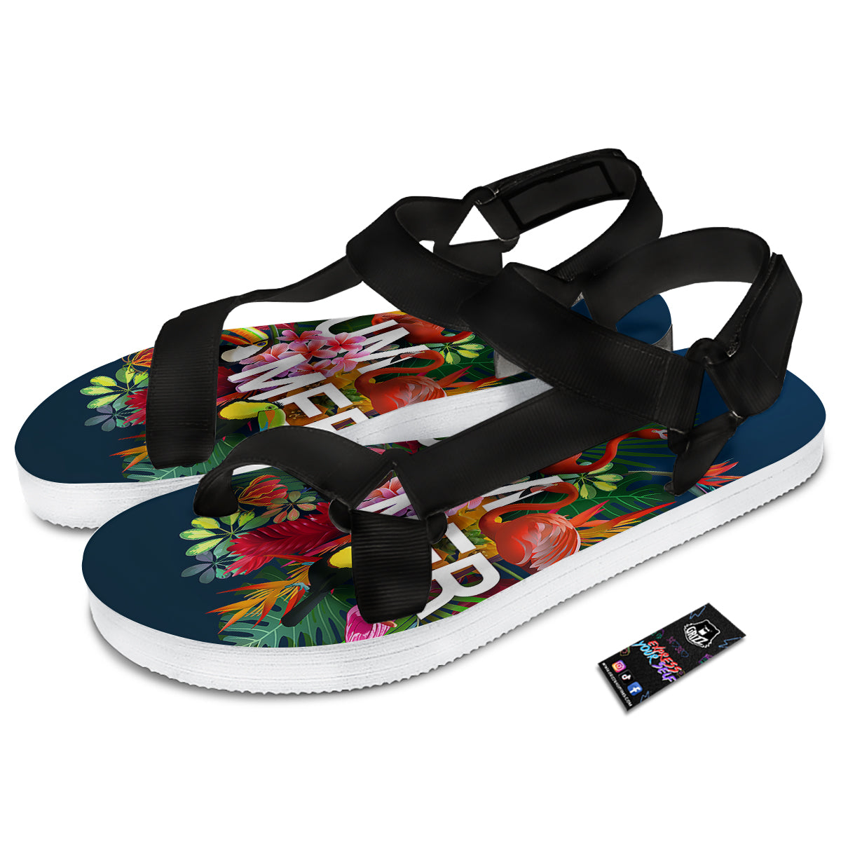Summer Tropical Birds And Flowers For Travel Print Black Open Toe Sandals-grizzshop