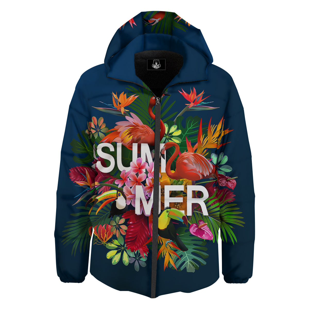 Summer Tropical Birds And Flowers For Travel Print Down Jacket-grizzshop