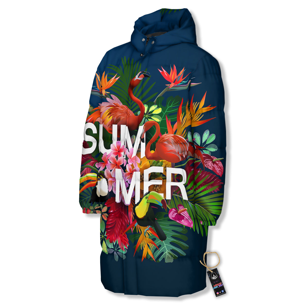Summer Tropical Birds And Flowers For Travel Print Long Down Jacket-grizzshop