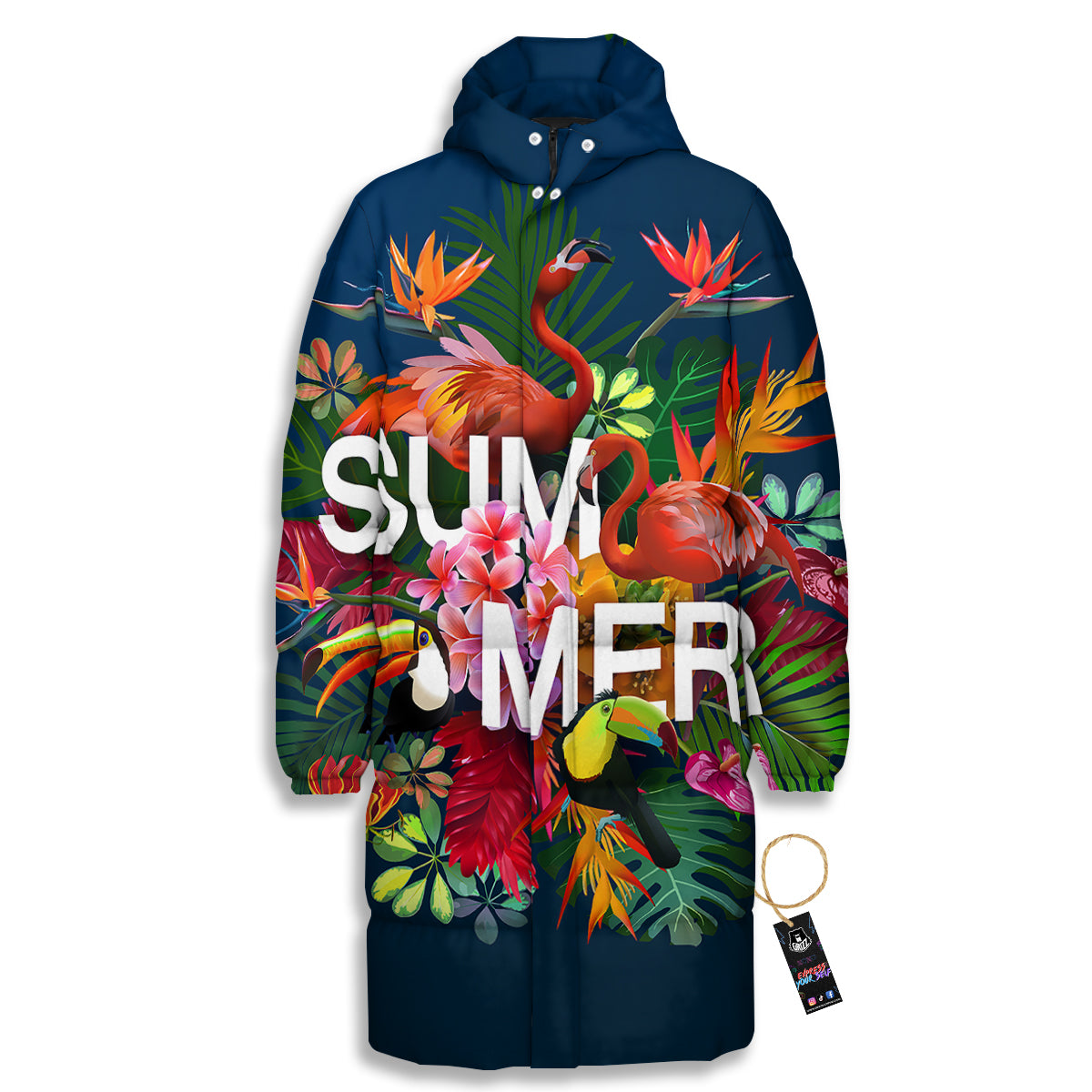Summer Tropical Birds And Flowers For Travel Print Long Down Jacket-grizzshop