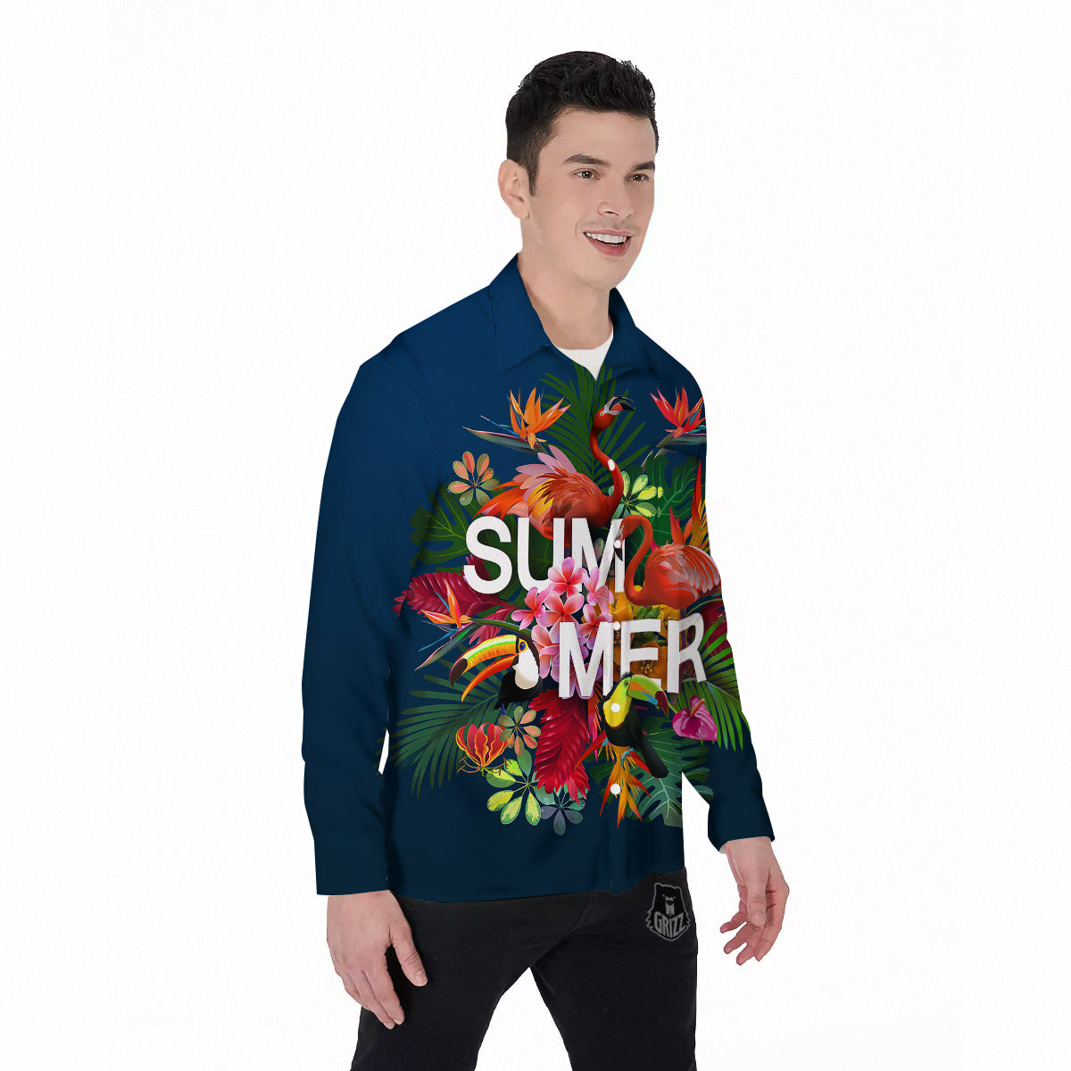 Summer Tropical Birds And Flowers For Travel Print Men's Long Sleeve Shirts-grizzshop