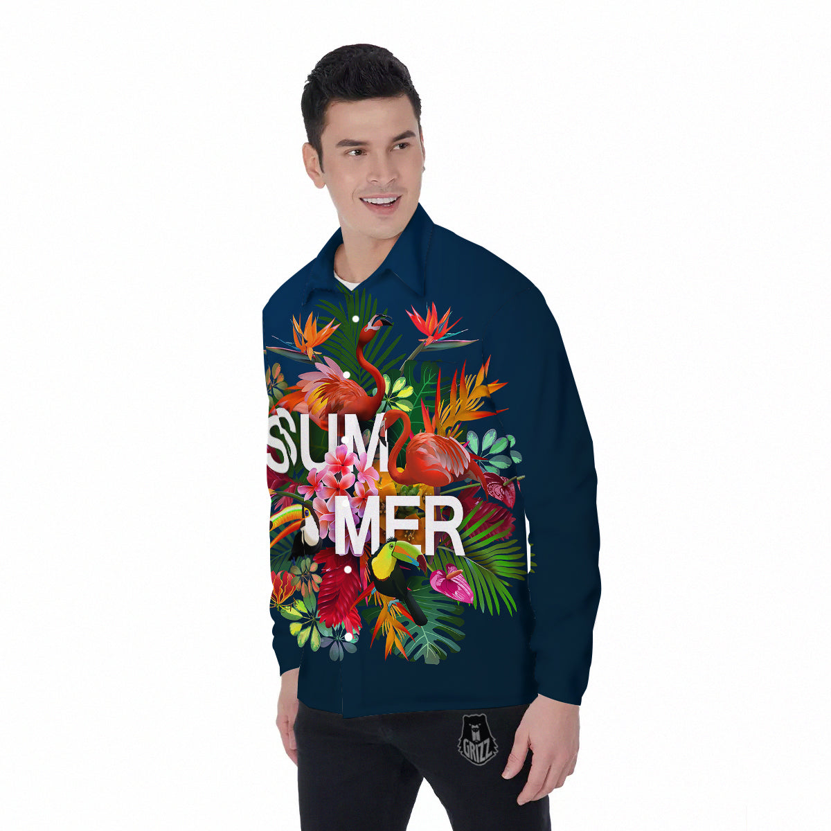 Summer Tropical Birds And Flowers For Travel Print Men's Long Sleeve Shirts-grizzshop