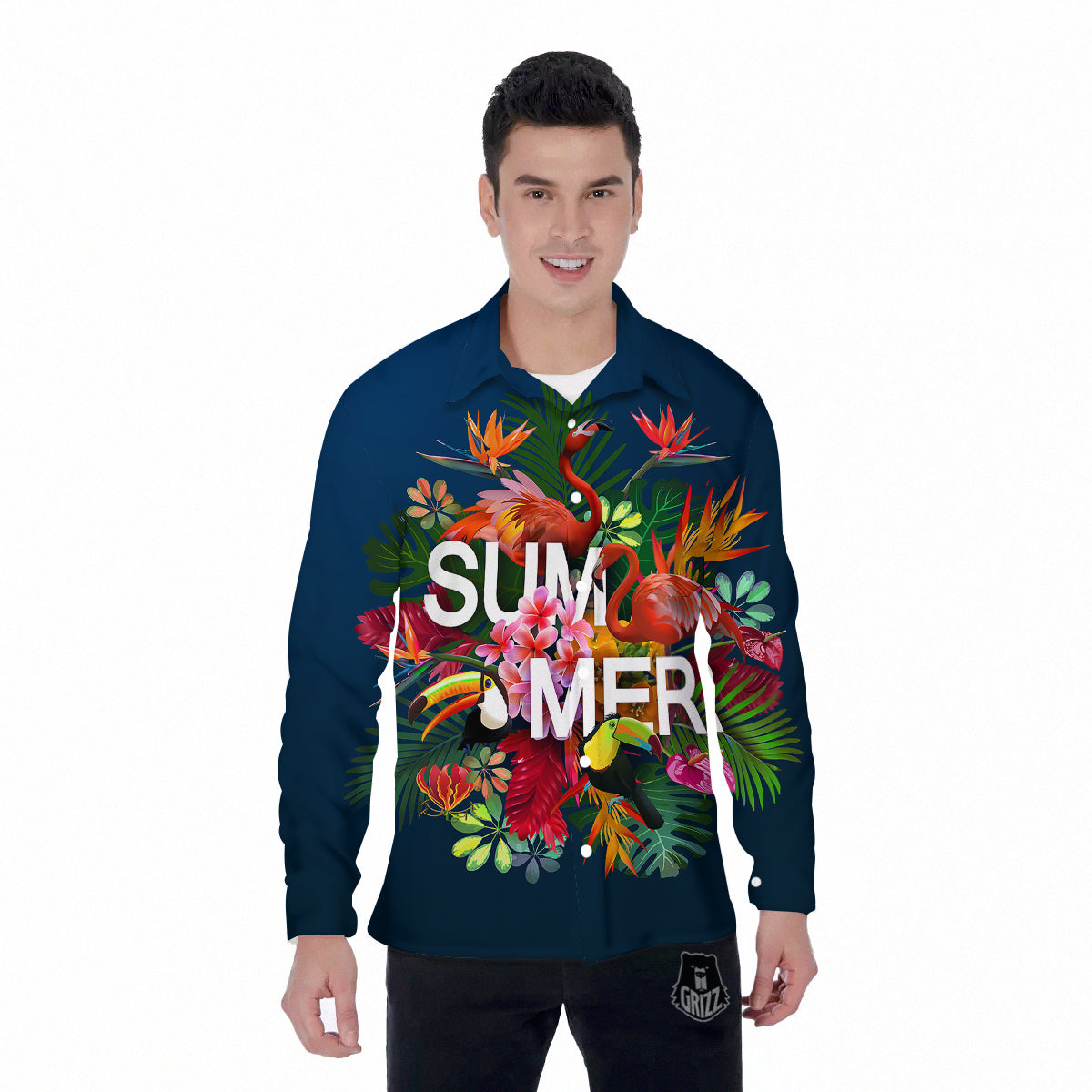 Summer Tropical Birds And Flowers For Travel Print Men's Long Sleeve Shirts-grizzshop