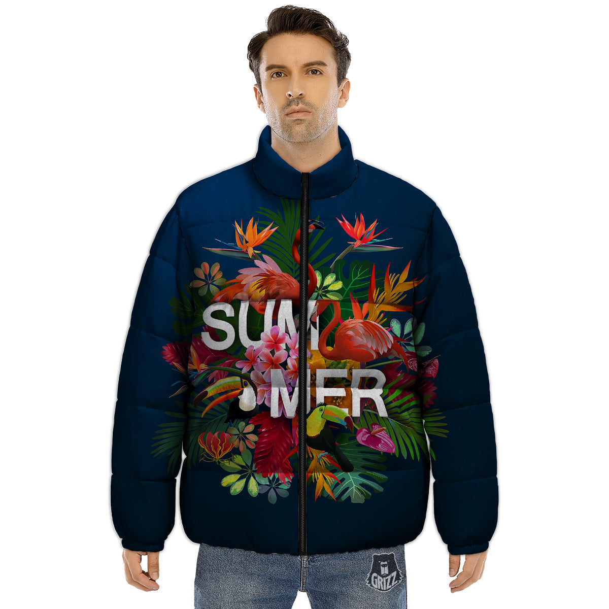 Summer Tropical Birds And Flowers For Travel Print Puffer Jacket-grizzshop