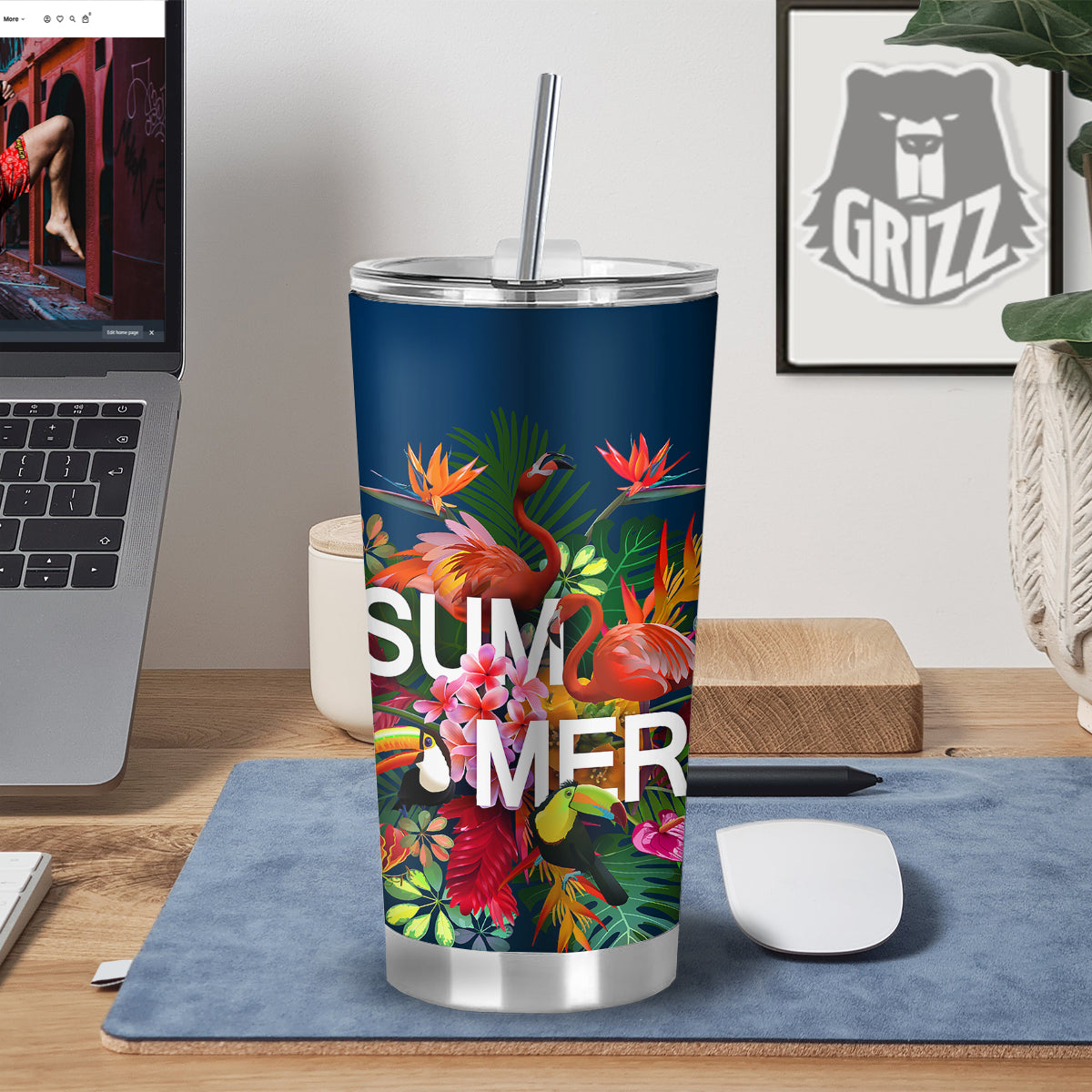 Summer Tropical Birds And Flowers For Travel Print Tumbler-grizzshop