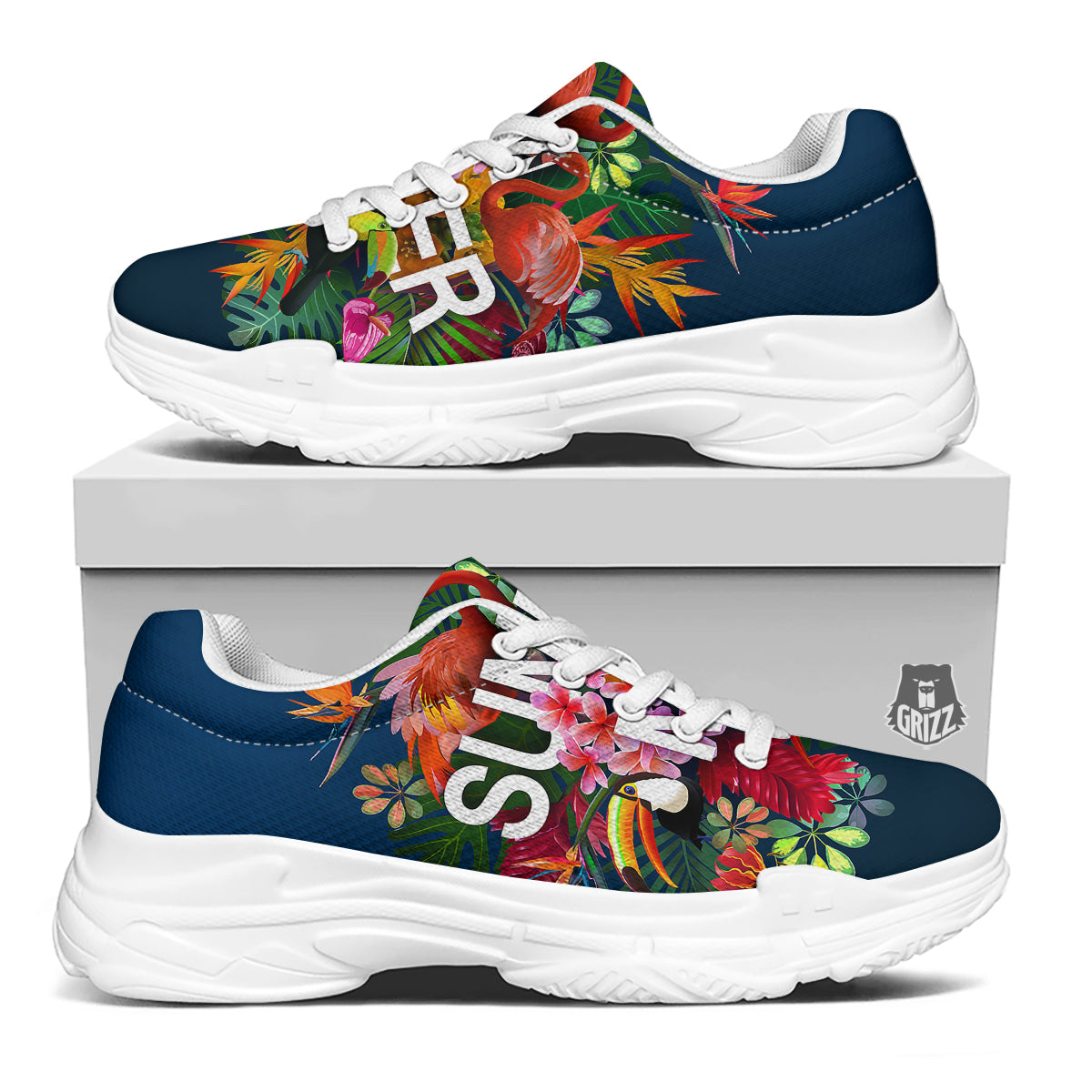 Summer Tropical Birds And Flowers For Travel Print White Chunky Shoes-grizzshop