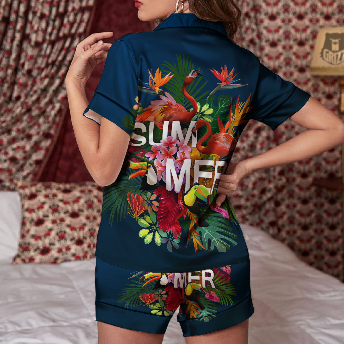 Summer Tropical Birds And Flowers For Travel Print Women Silk Pajamas-grizzshop