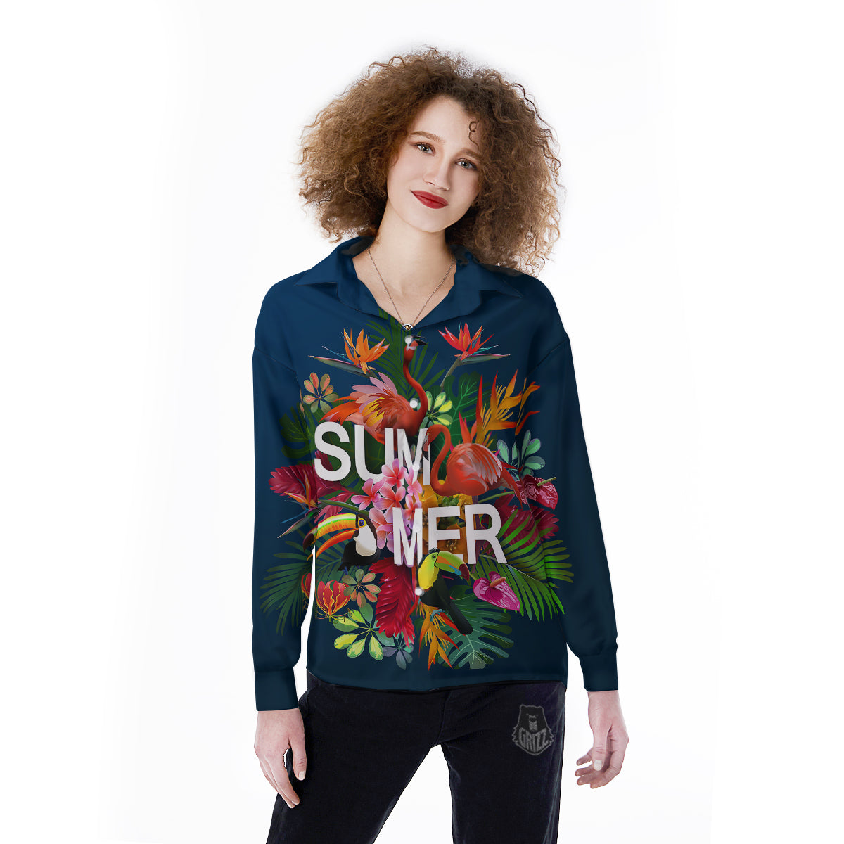 Summer Tropical Birds And Flowers For Travel Print Women's Long Sleeve Shirts-grizzshop