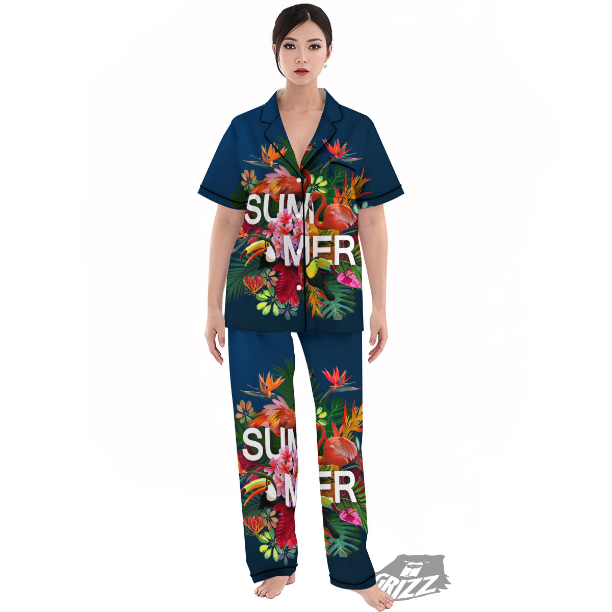 Summer Tropical Birds And Flowers For Travel Print Women's Pajamas Set-grizzshop