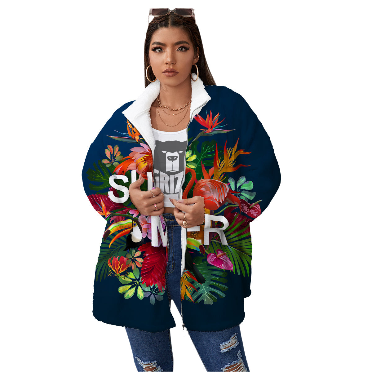 Summer Tropical Birds And Flowers For Travel Print Women's Sherpa Jacket-grizzshop