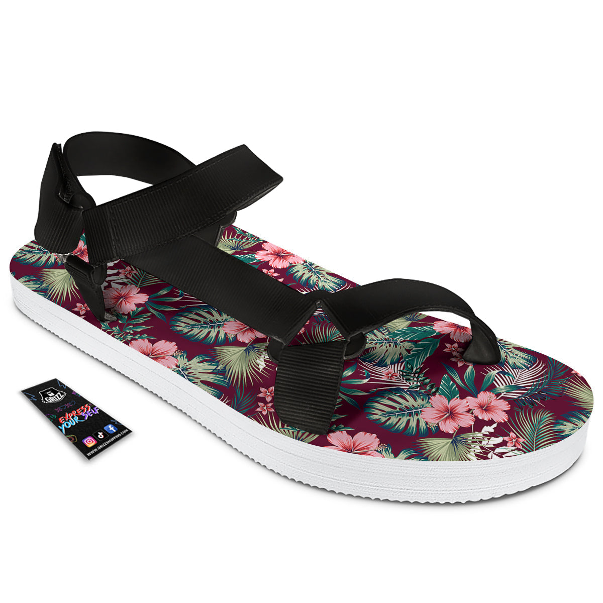 Summer Tropical Print Pattern Black Open Toe Sandals-grizzshop