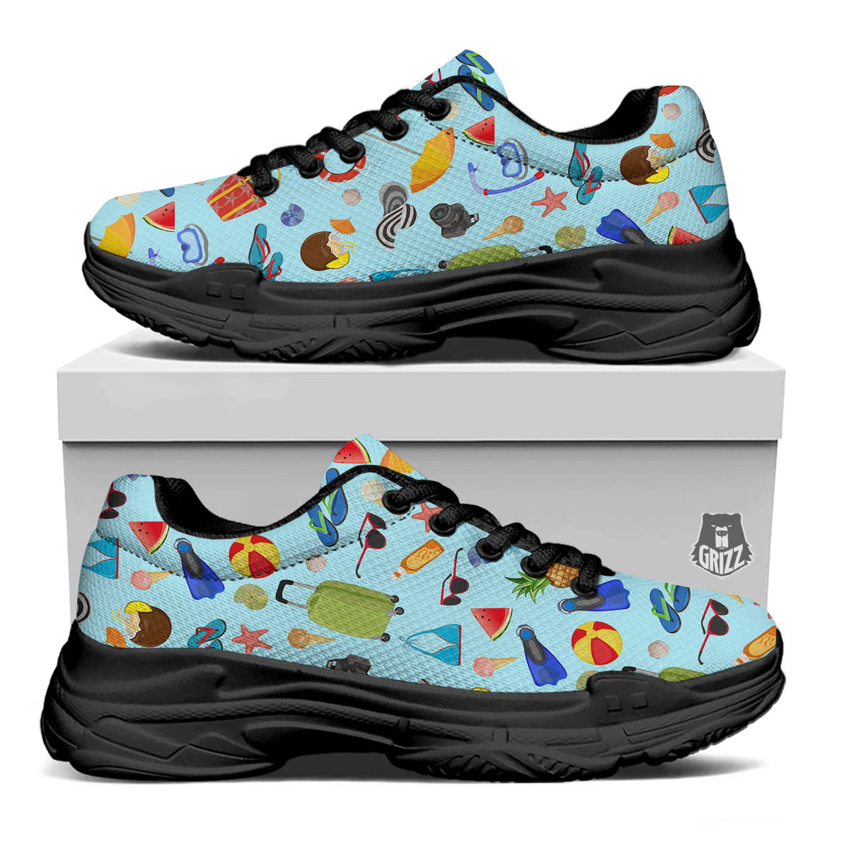 Summer Vacation Travel Print Pattern Black Chunky Shoes-grizzshop