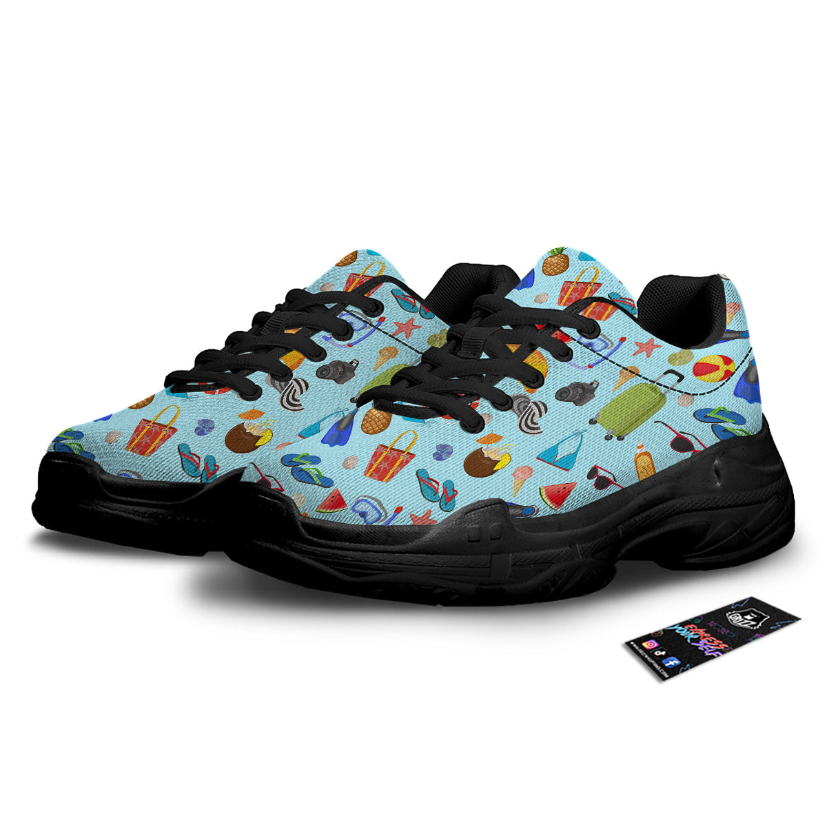Summer Vacation Travel Print Pattern Black Chunky Shoes-grizzshop