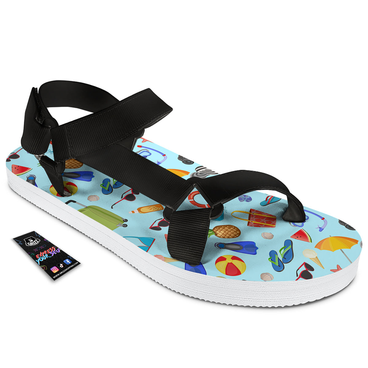 Summer Vacation Travel Print Pattern Black Open Toe Sandals-grizzshop
