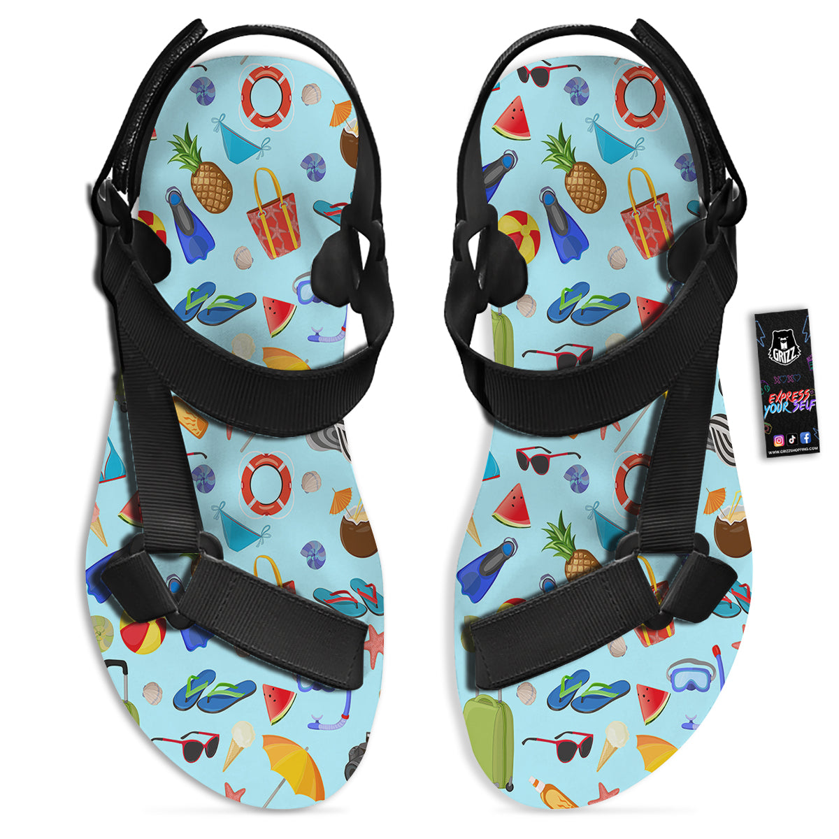 Summer Vacation Travel Print Pattern Black Open Toe Sandals-grizzshop