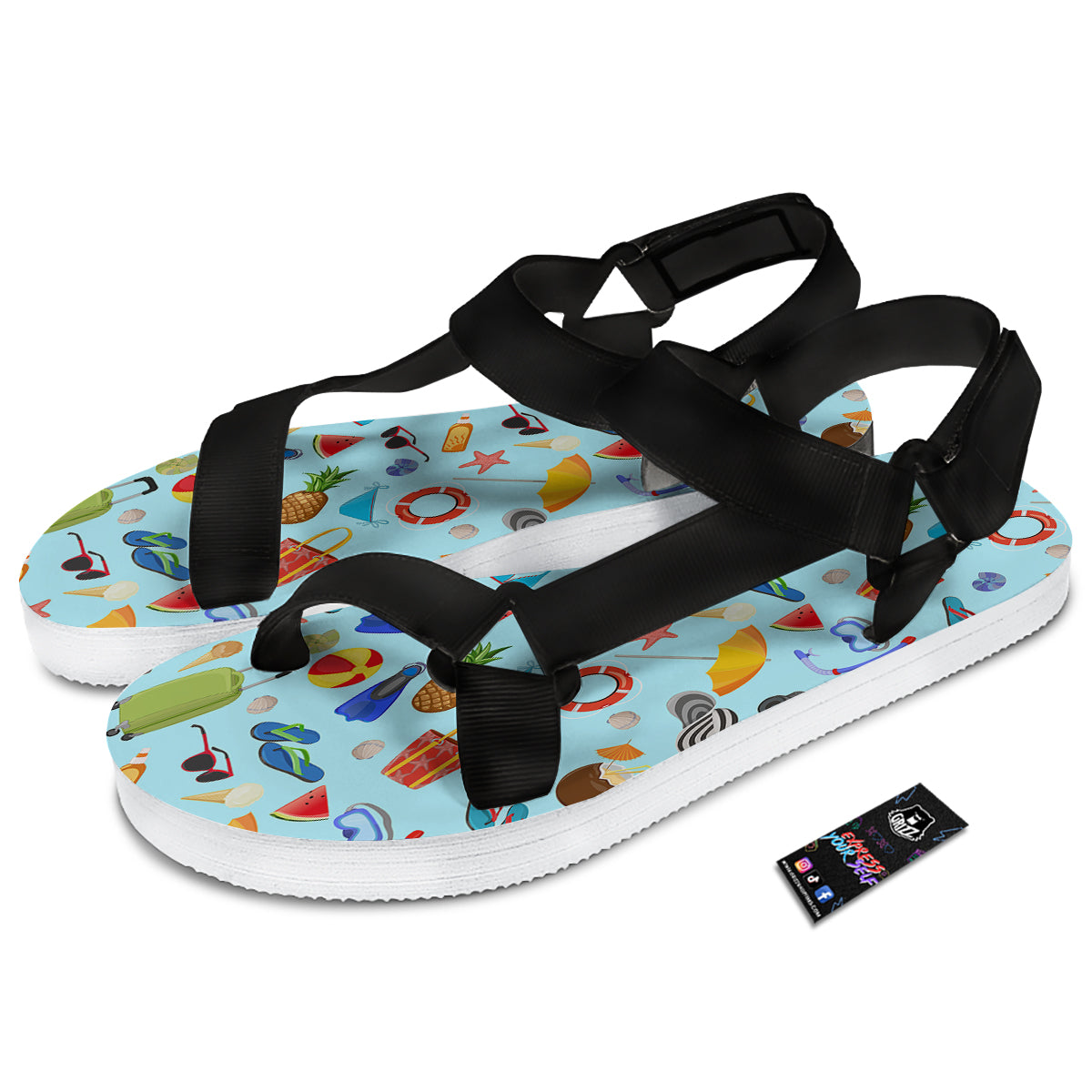 Summer Vacation Travel Print Pattern Black Open Toe Sandals-grizzshop