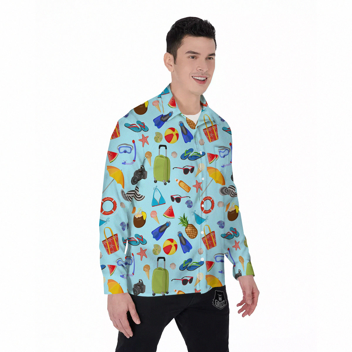 Summer Vacation Travel Print Pattern Men's Long Sleeve Shirts-grizzshop