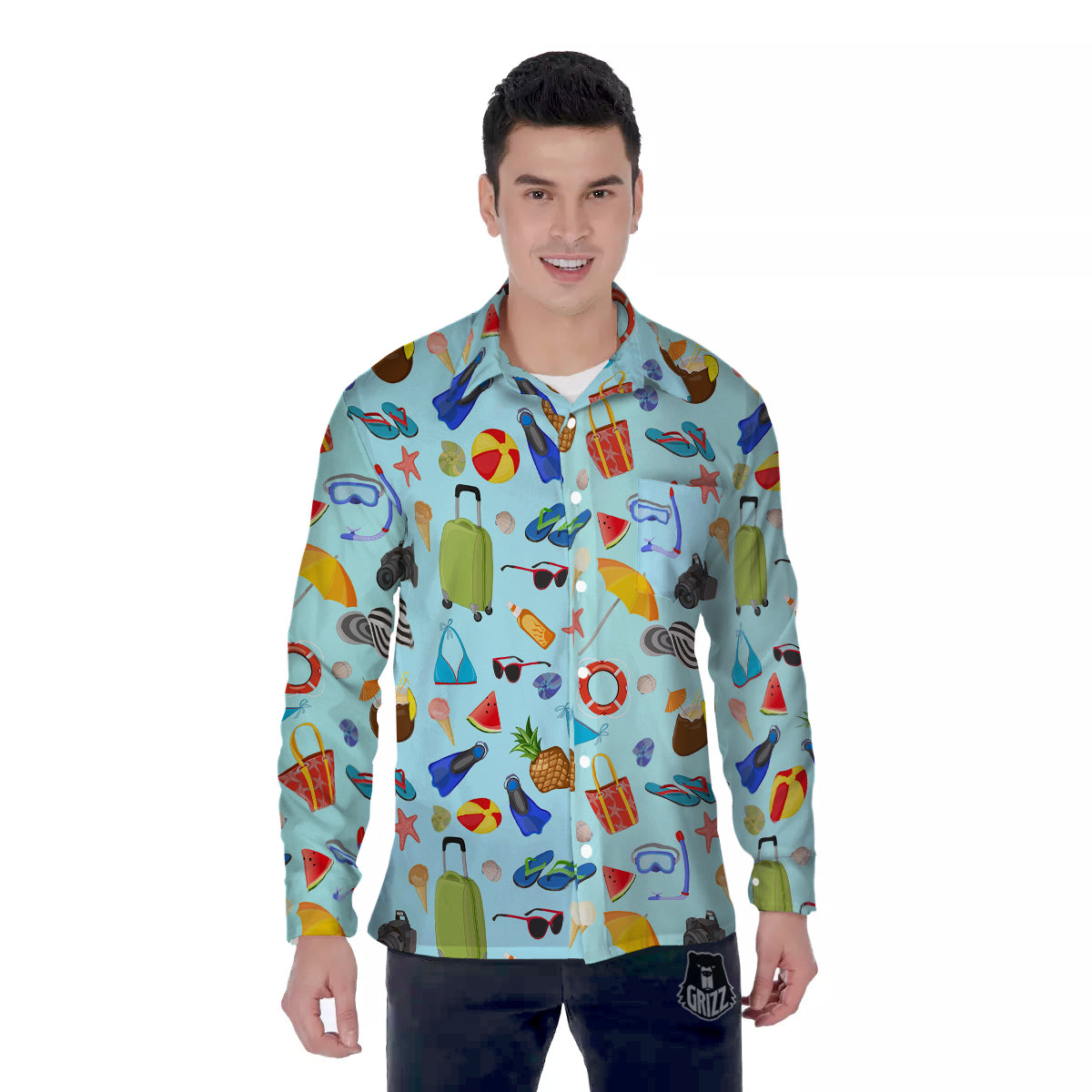 Summer Vacation Travel Print Pattern Men's Long Sleeve Shirts-grizzshop