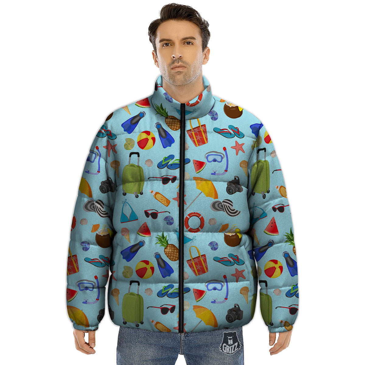 Summer Vacation Travel Print Pattern Puffer Jacket-grizzshop