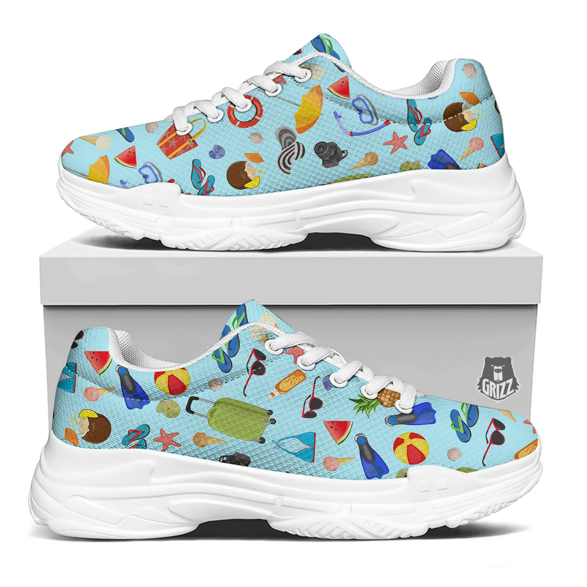 Summer Vacation Travel Print Pattern White Chunky Shoes-grizzshop